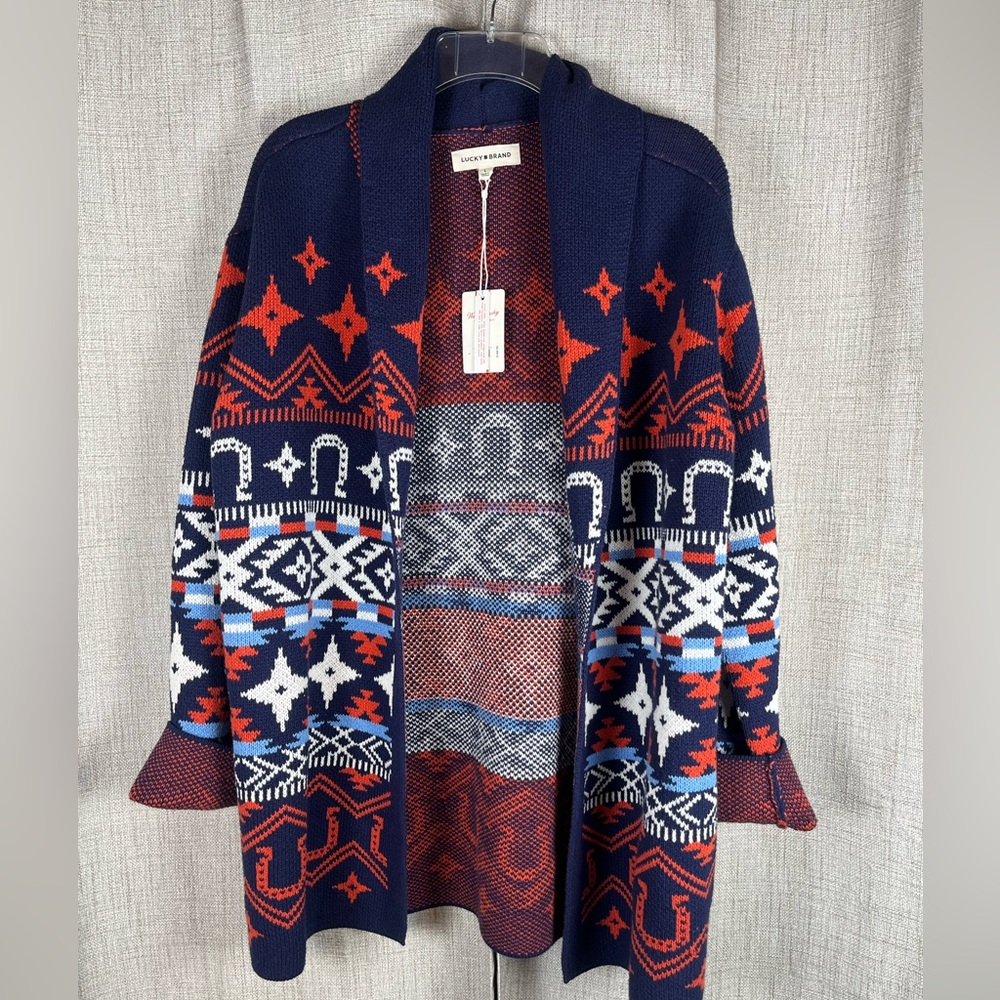 LUCKY BRAND Cardigan Sweater Open Drape Southwestern Mulitcolor Size Large NWT